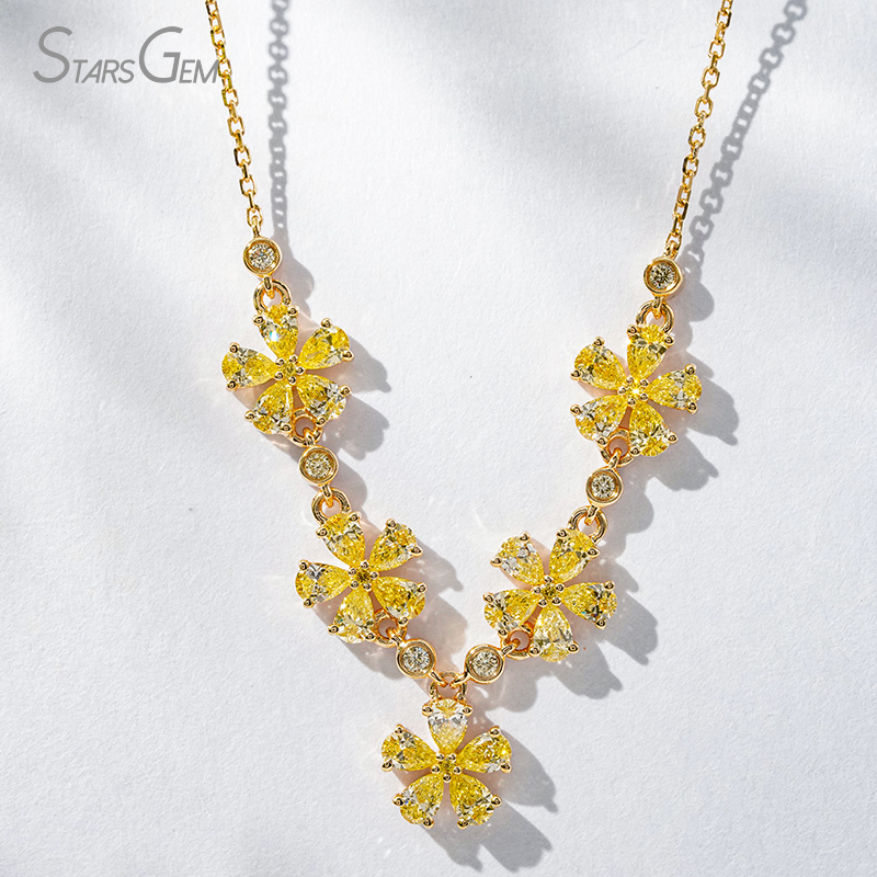 2.5×3.5mm Pear Cut Yellow Lab Grown Diamond 18K Yellow Gold Floral Design Diamond Necklace