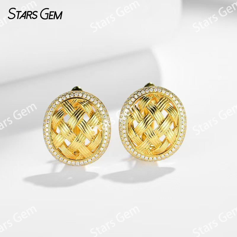 Vintage Cross-weave Typ S925 Sterling Silver Earring Round Brilliant Cut Moissanite Stud Earrings