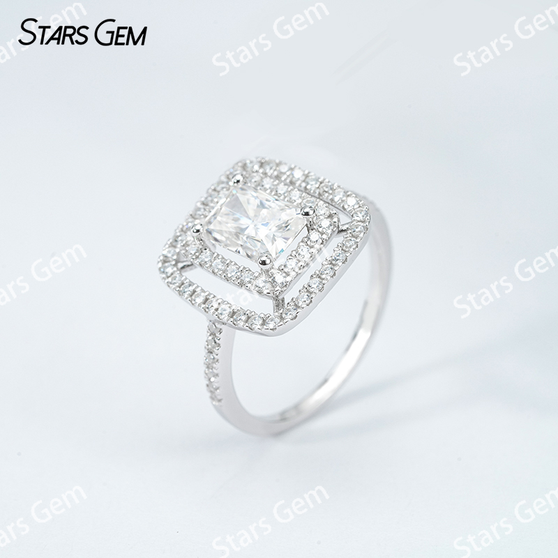 6×8mm Radiant Cut Moissanite S925 Sterling Silver Halo Engagement Ring