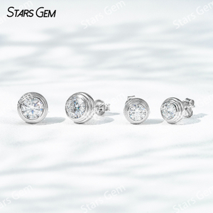5mm & 6.5mm Round Brilliant Cut Moissanite Bezel Set S925 Sterling Silver Diamond Stud Earrings