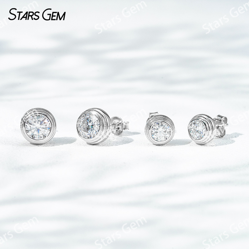 5mm & 6.5mm Round Brilliant Cut Moissanite Bezel Set S925 Sterling Silver Diamond Stud Earrings