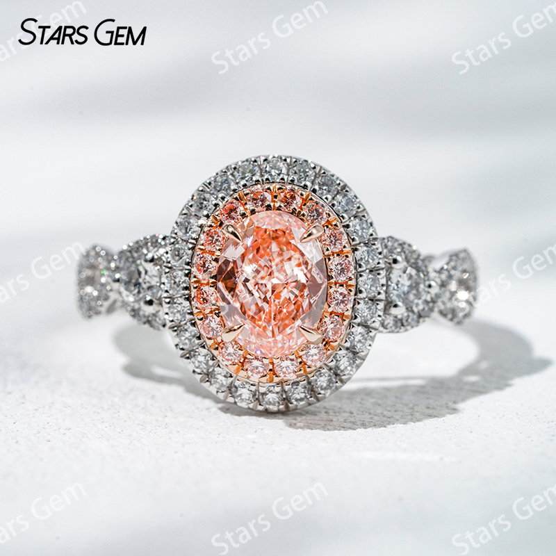7.39×5.54mm Oval Cut Pink Lab Grown Diamond 18K White Gold Halo Engagement Ring