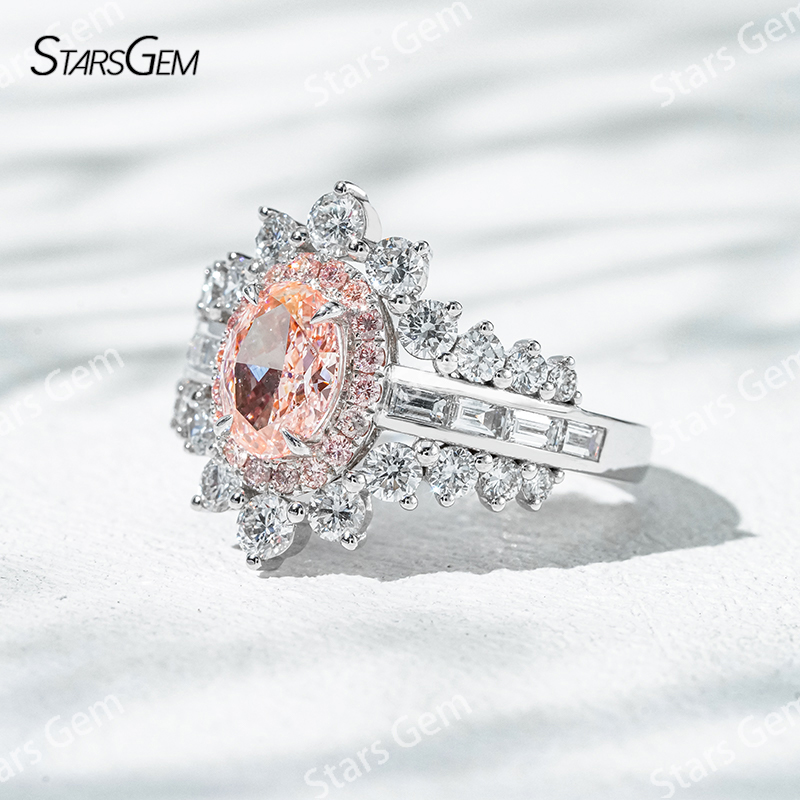 7.58×5.58mm Oval Cut Pink Lab Grown Diamond 18K White Gold Halo Engagement Ring