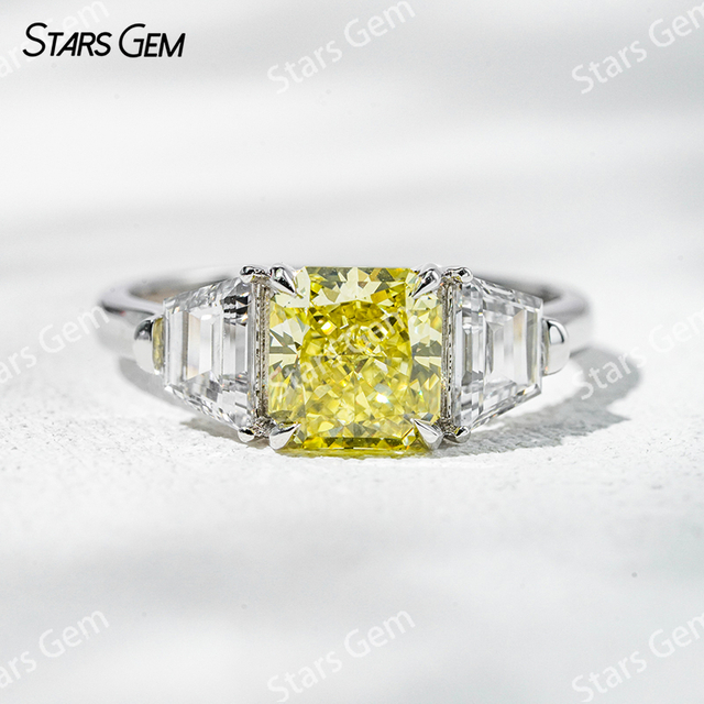 6.4×6.8mm Radiant Cut Yellow Lab Grown Diamond 18K White Gold Three Stone Engagement Ring