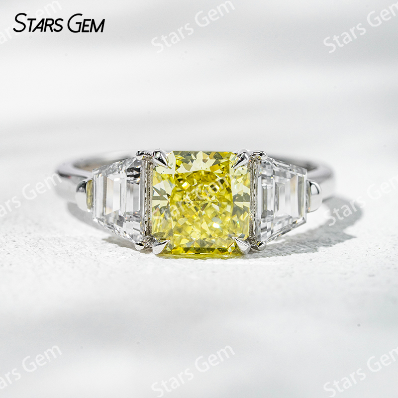 6.4×6.8mm Radiant Cut Yellow Lab Grown Diamond 18K White Gold Three Stone Engagement Ring