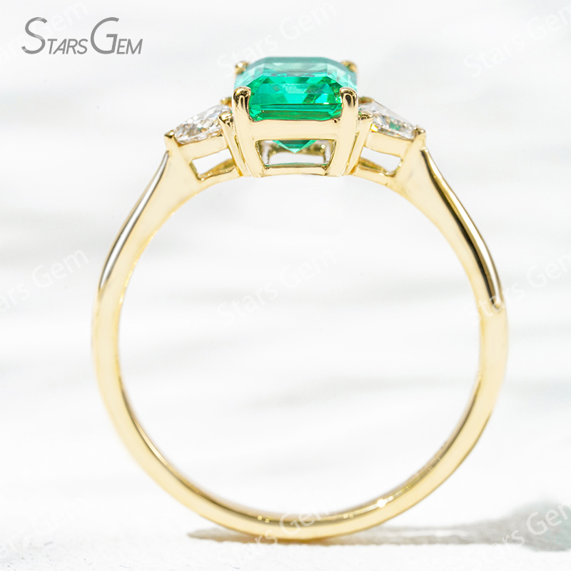 6×8mm Octagon Emerald Cut Lab Grown Emerald 18K Gold Three Stone Engagement Ring