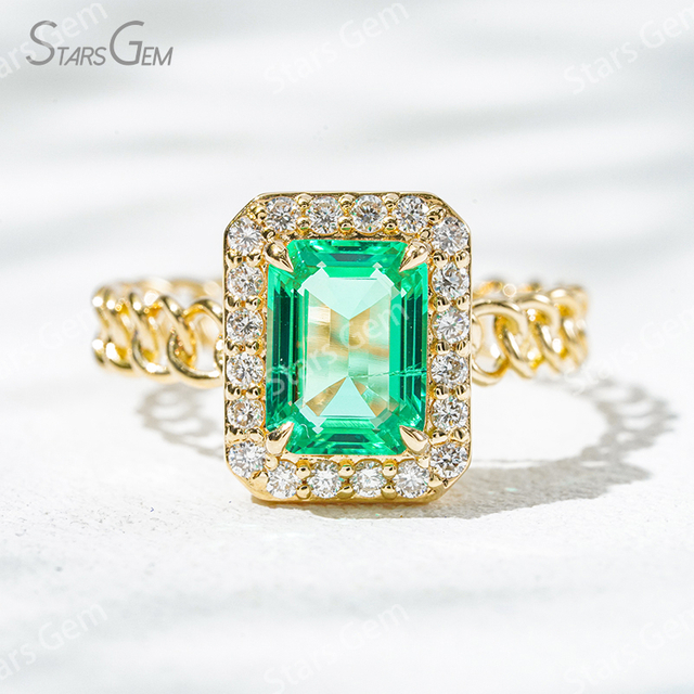 6×8mm Octagon Emerald Cut Lab Grown Emerald 18K Yellow Gold Halo Engagement Ring