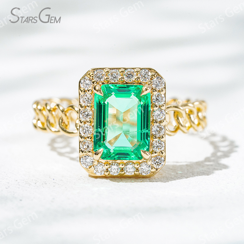 6×8mm Octagon Emerald Cut Lab Grown Emerald 18K Yellow Gold Halo Engagement Ring