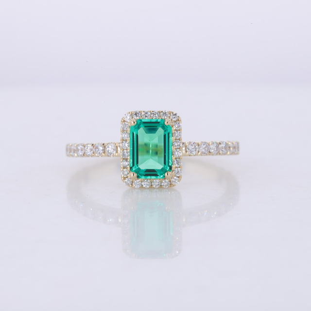 Starsgem Jewelry 10K Yellow Gold Pave Halo Set 5*7mm Green Gemstone Lab Emerald Engagement Ring