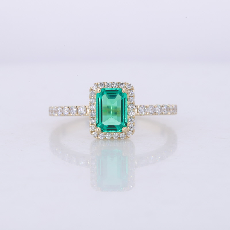 Starsgem Jewelry 10K Yellow Gold Pave Halo Set 5*7mm Green Gemstone Lab Emerald Engagement Ring