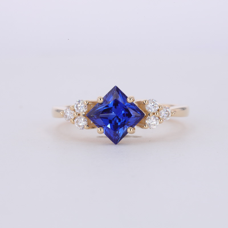 18K Yellow Gold 6*6mm Princess Cut Blue Gemstone Lab Sapphire Engagement Ring