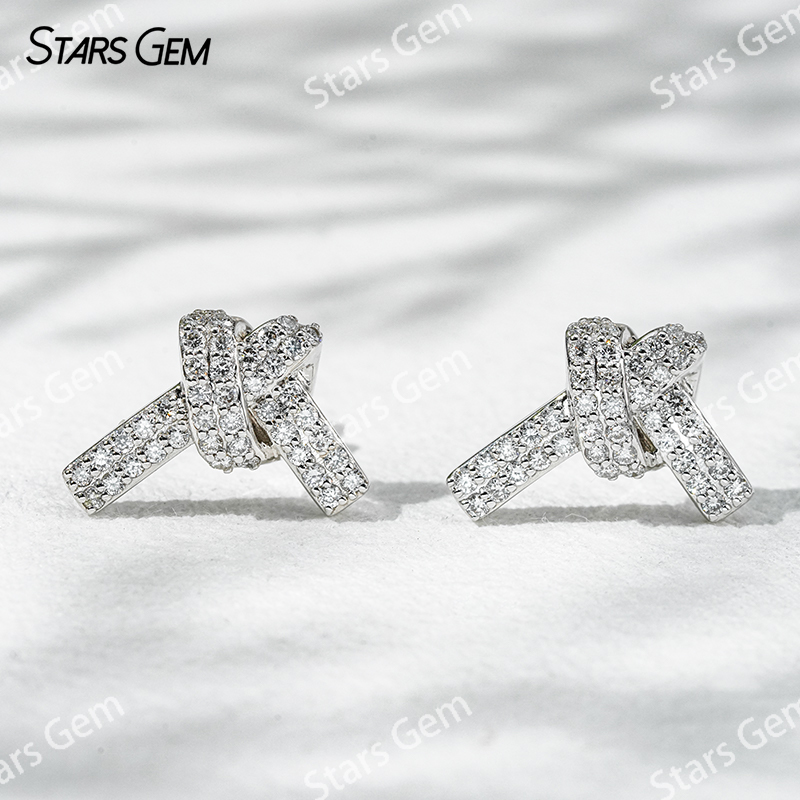 Starsgem 0.9mm Round Brilliant Cut Lab Grown Diamond Ribbon Knot Design 18K Gold Diamond Stud Earrings