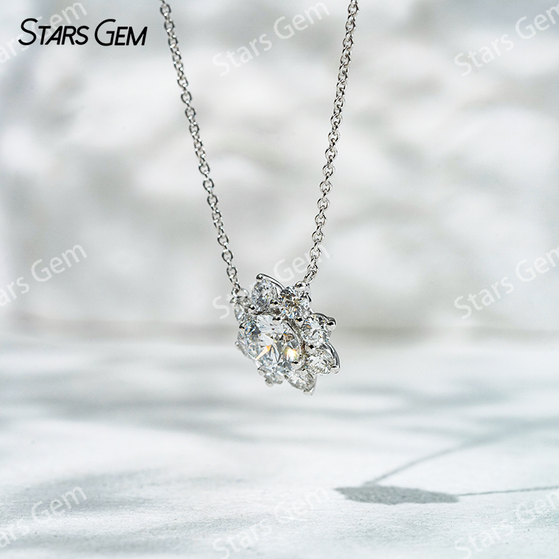 1.0ct 6.5mm Round Brilliant Cut DEF VS Lab Grown Diamond Sunflower Pendant 18K White Gold Necklace