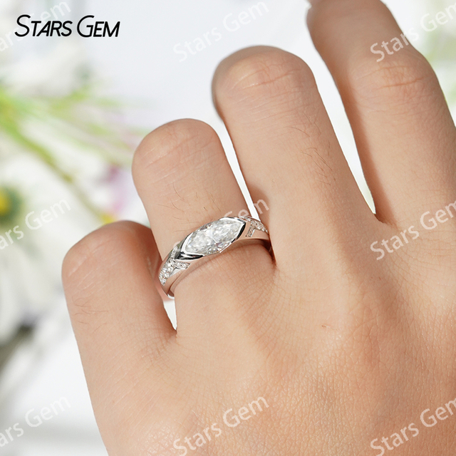5×10mm Marquise Cut Moissanite S925 Sterling Silver Pave Engagement Ring