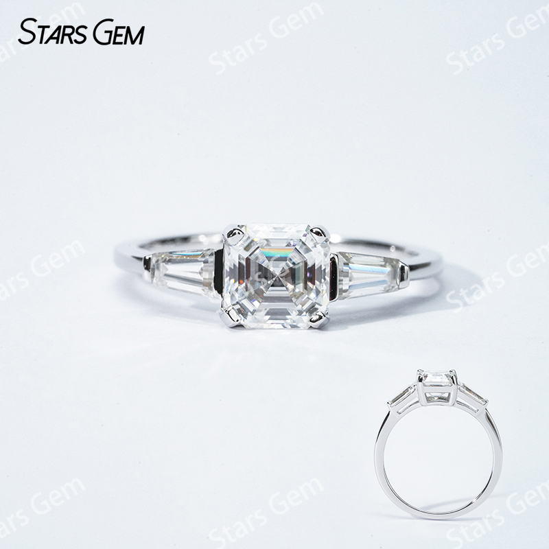 6.5×6.5mm Asscher Cut Moissanite S925 Sterling Silver Three Stone Engagement Ring