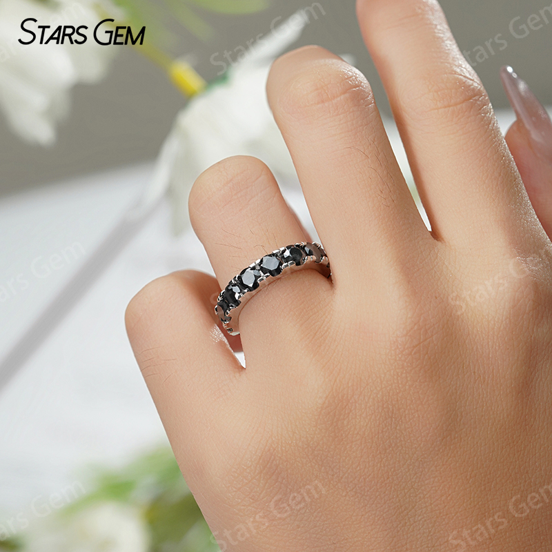 4mm Round Brilliant Cut White Black Moissanite S925 Sterling Silver Diamond Eternity Ring