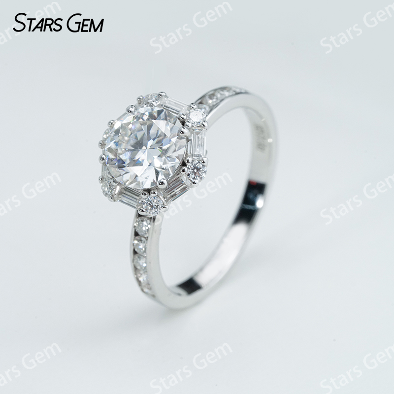 7.5mm Round Brilliant Cut Moissanite S925 Sterling Silver Hexagonal Shape Design Halo Engagement Ring