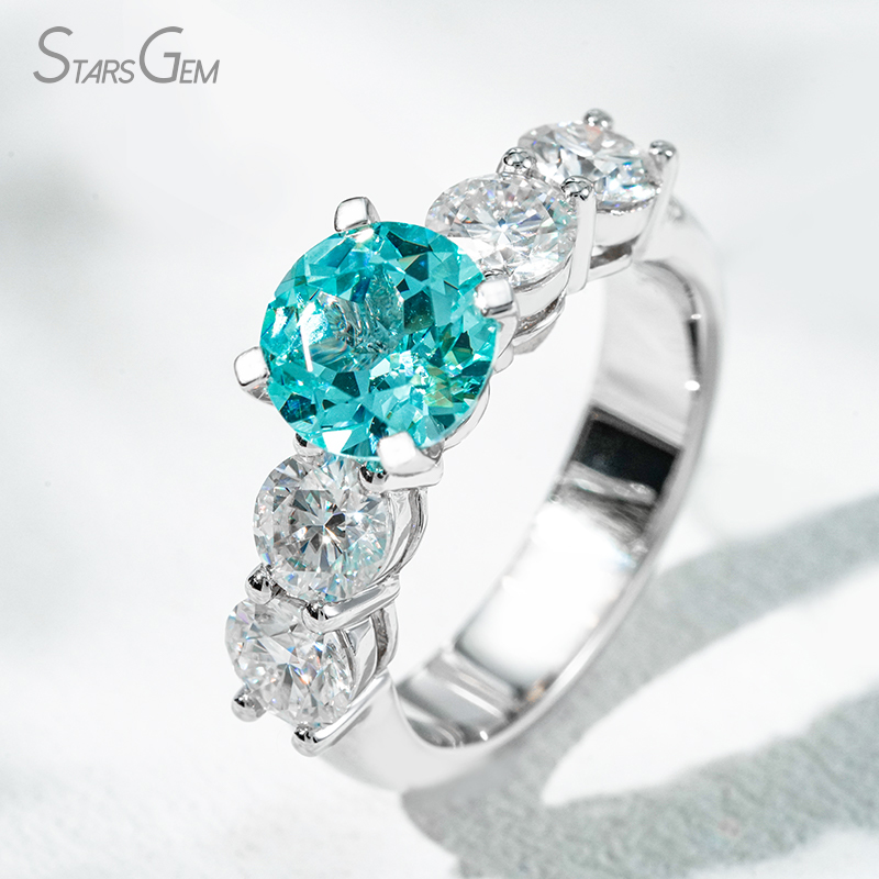 8mm Round Brilliant Cut Lab Grown Paraiba Sapphire With Side Moissanite 14K White Gold Engagement Ring