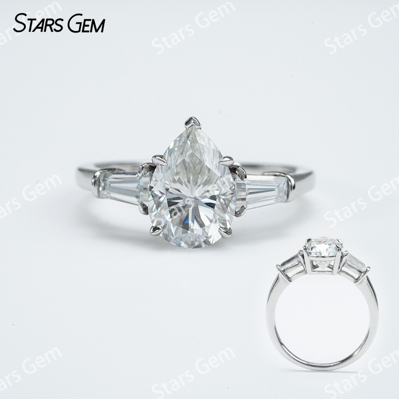7×​9mm Pear Cut Moissanite S925 Sterling Silver Three Stone Engagement Ring