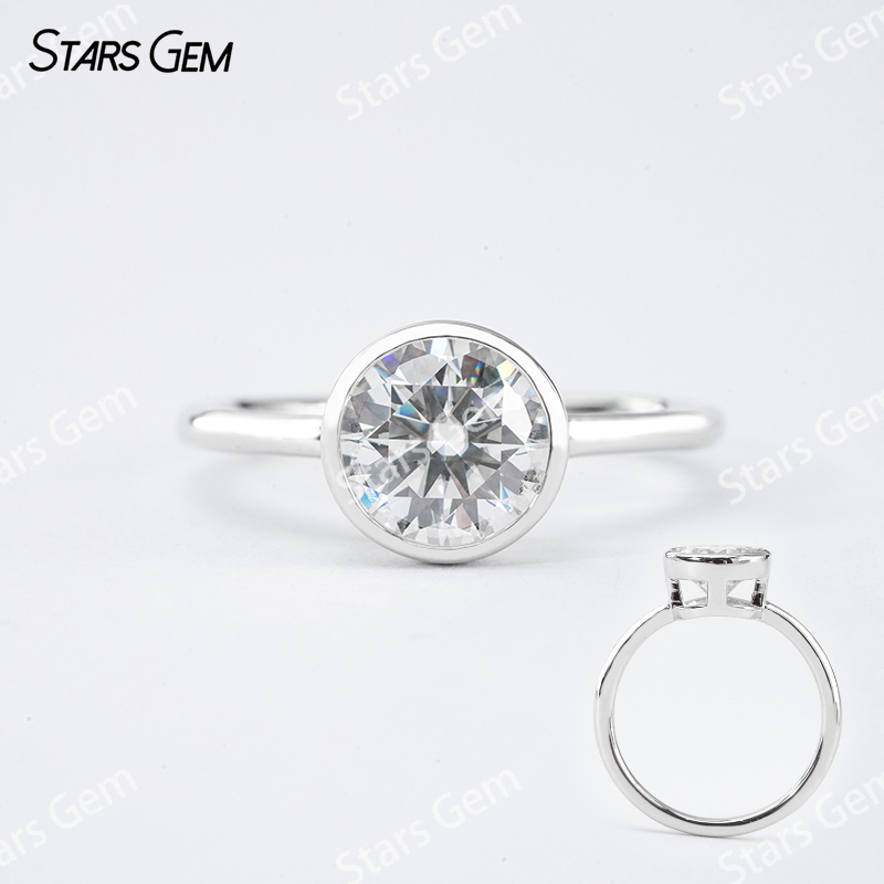 6.5mm & 8mm Round Brilliant Cut Moissanite Bezel Set Classic S925 Sterling Silver Solitaire Engagement Ring