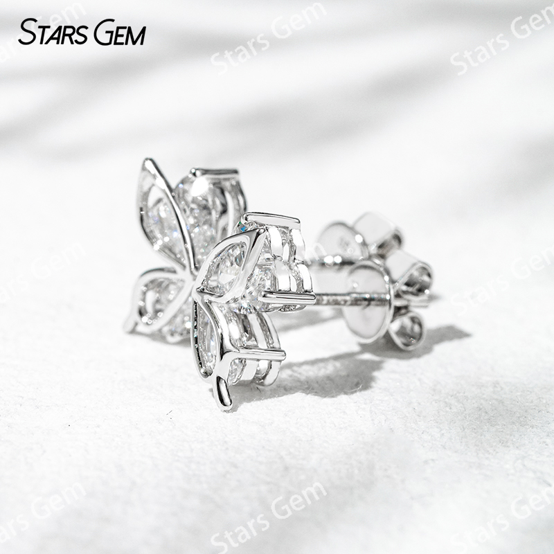 5×5mm Heart Cut & 3×5mm Pear Cut Lab Grown Diamond Butterfly Shape Design 18K White Gold Diamond Stud Earrings