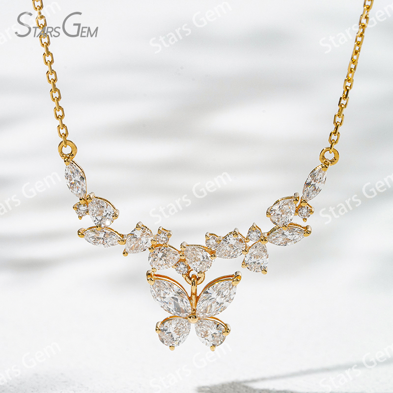 3×6mm Marquise Cut & 3×4mm Pear Cut Lab Grown Diamond Butterfly Shape 18K Gold Diamond Necklace