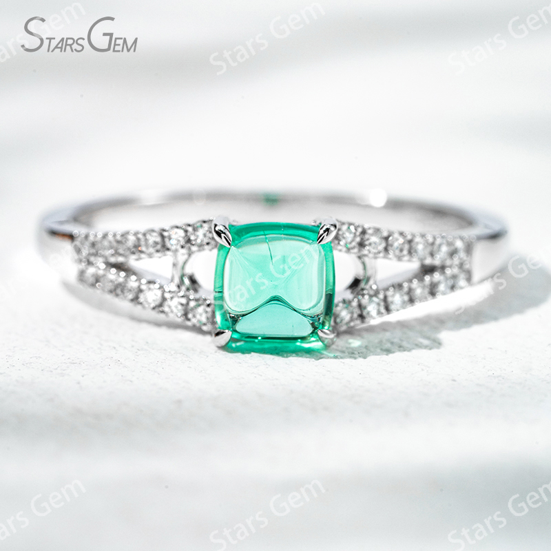 5×5mm Sugar Loaf Cut Lab Grown Emerald 18K Gold Pave Engagement Ring