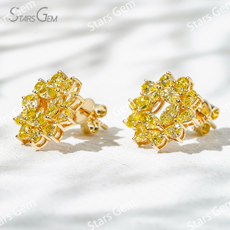 2.3×4.3mm Marquise Cut & 2×3mm Pear Cut Yellow Color Lab Grown Diamond Sunflower Design 18K Yellow Gold Diamond Stud Earrings