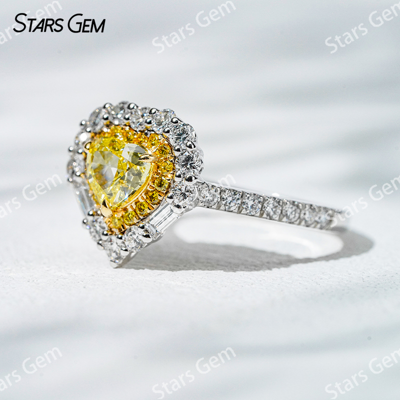 5.38×6.09mm Heart Cut Yellow Lab Grown Diamond 18K White Gold Halo Engagement Ring