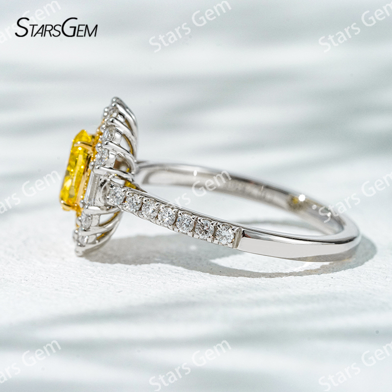 6.8×4.7mm Oval Cut Yellow Lab Grown Diamond 18K White Gold Halo Engagement Ring