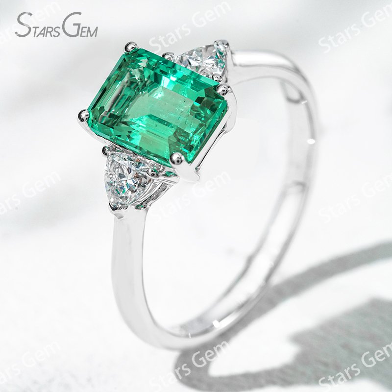 6×8mm Octagon Emerald Cut Lab Grown Emerald 18K Gold Three Stone Engagement Ring