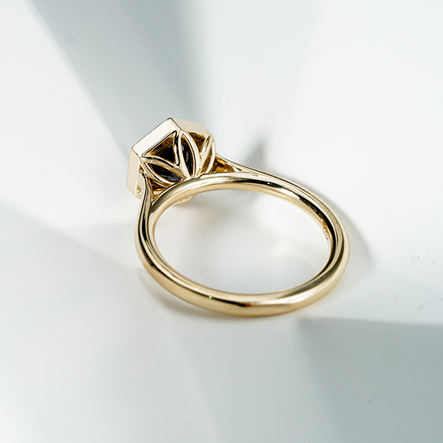 10K Yellow Gold Hexagonal Shape Dark Grey Moissanite Bezel Set Solitaire Engagement Ring