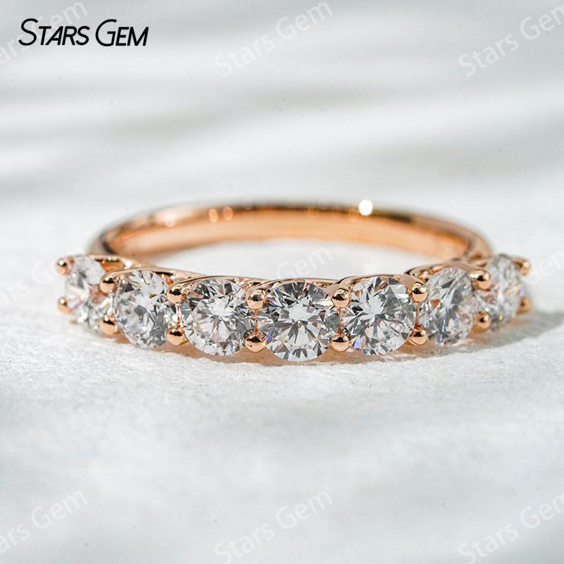 18K Solid Gold Trellis Setting Round Brilliant Cut Seven Stone Eternity Lab Grown Diamond Ring Wedding Band