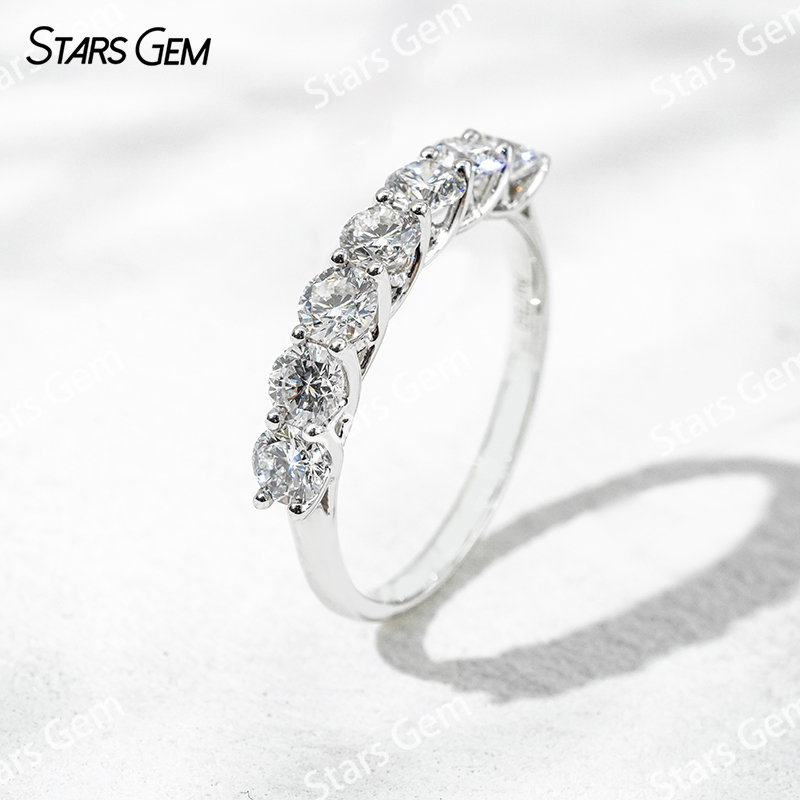 18K Solid Gold Trellis Setting Round Brilliant Cut Seven Stone Eternity Lab Grown Diamond Ring Wedding Band