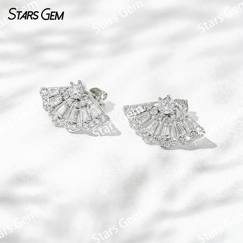 3.8mm Round Brilliant Cut Lab Grown Diamond Folding Fan Design 18K White Gold Diamond Stud Earrings