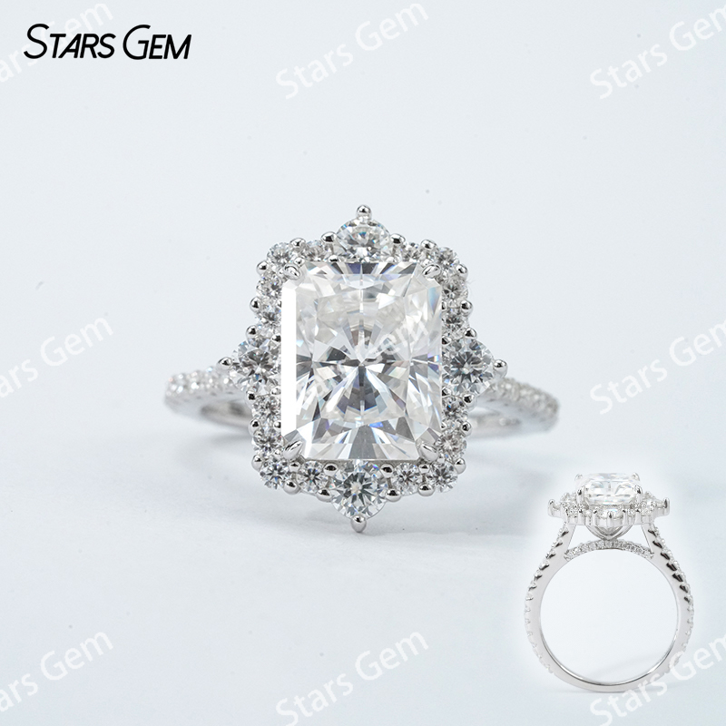 8×10mm Radiant Cut Moissanite S925 Sterling Silver Halo Engagement Ring