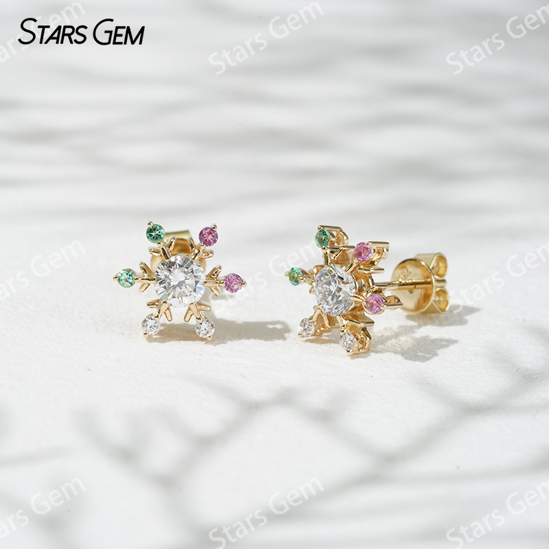 4.1mm Round Brilliant Cut Lab Grown Diamond Snowflake Shape 18K Gold Diamond Stud Earrings
