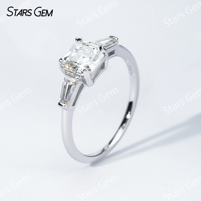 6.5×6.5mm Asscher Cut Moissanite S925 Sterling Silver Three Stone Engagement Ring