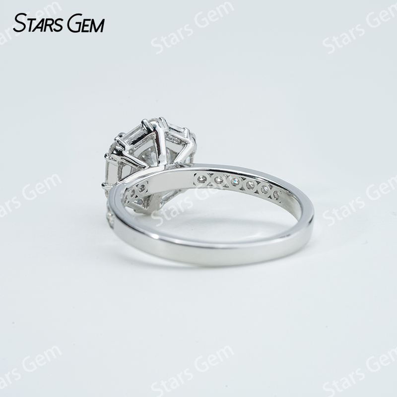 7.5mm Round Brilliant Cut Moissanite S925 Sterling Silver Hexagonal Shape Design Halo Engagement Ring