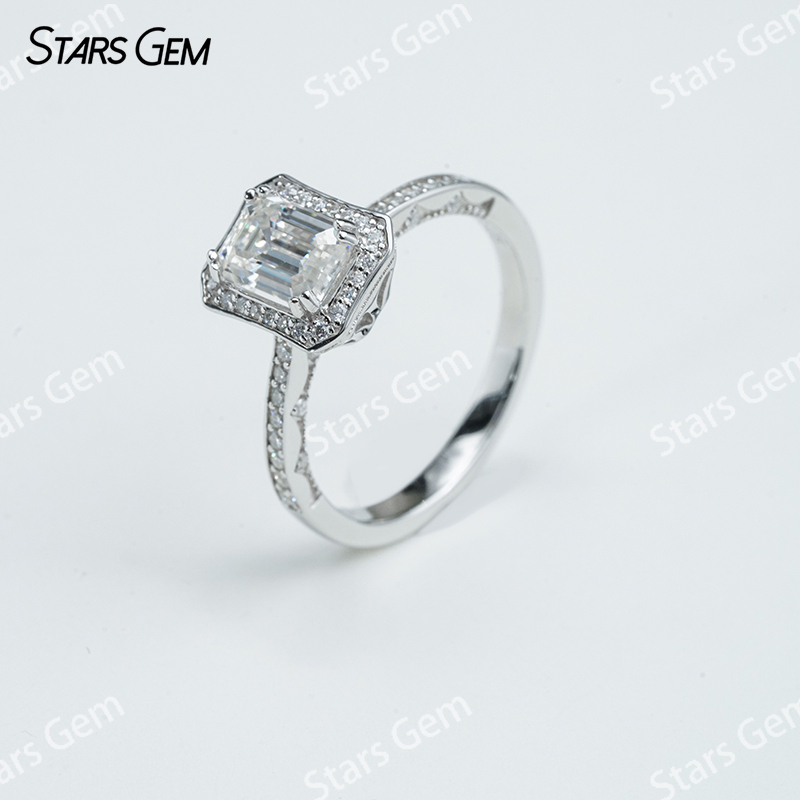 5×7mm Octagon Emerald Cut Moissanite S925 Sterling Silver Halo Engagement Ring