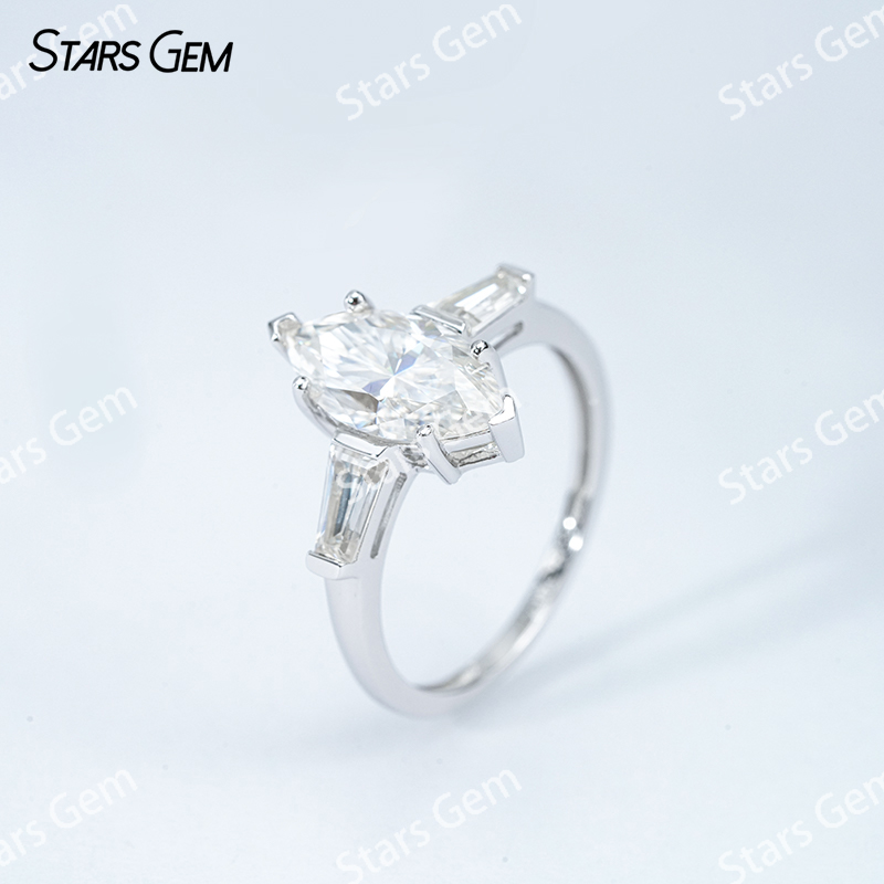6×12mm Marquise Cut Moissanite S925 Sterling Silver Three Stone Engagement Ring