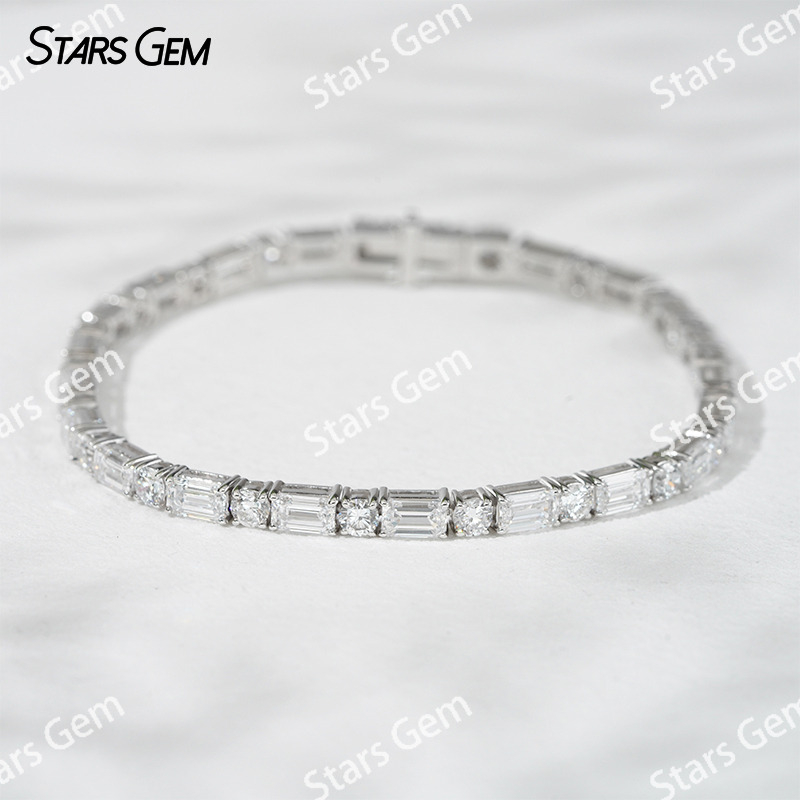 18K White Gold with 3×5mm Octagon Emerald Cut and 3.1mm Round Brilliant Cut Lab Diamond Bracelet Tennis Bracelet