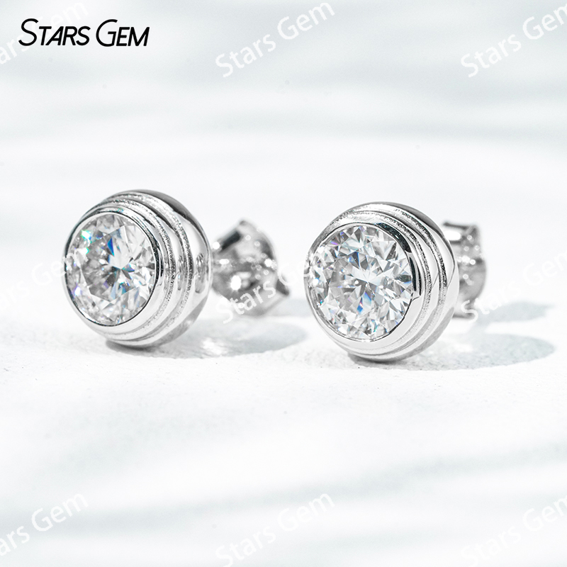 5mm & 6.5mm Round Brilliant Cut Moissanite Bezel Set S925 Sterling Silver Diamond Stud Earrings