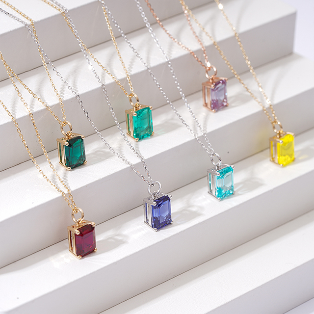 14K Gold Emerald Cut Color Lab Grown Gemstone Pendant Necklaces
