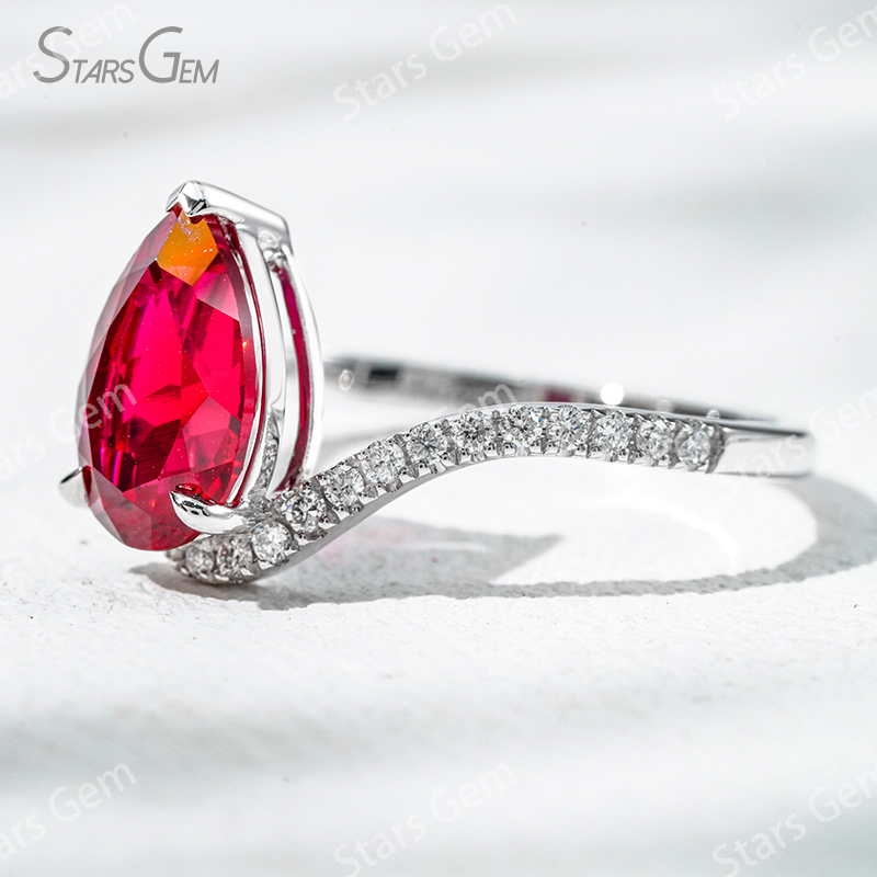 7×10mm Pear Cut Lab Grown Ruby 18K White Gold Pave Engagement Ring