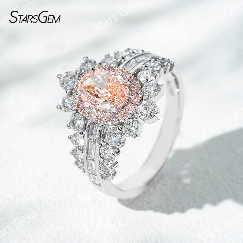7.58×5.58mm Oval Cut Pink Lab Grown Diamond 18K White Gold Halo Engagement Ring