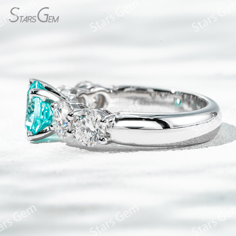 8mm Round Brilliant Cut Lab Grown Paraiba Sapphire With Side Moissanite 14K White Gold Engagement Ring