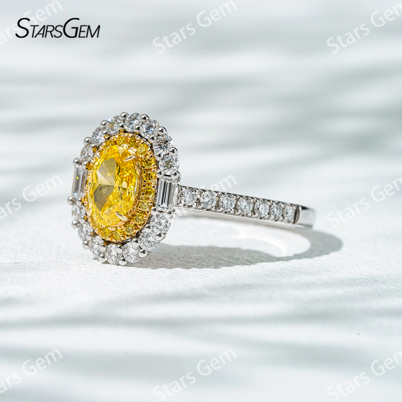 6.8×4.7mm Oval Cut Yellow Lab Grown Diamond 18K White Gold Halo Engagement Ring