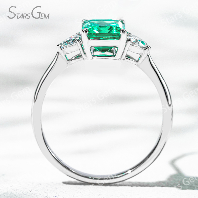 6×8mm Octagon Emerald Cut Lab Grown Emerald 18K Gold Three Stone Engagement Ring