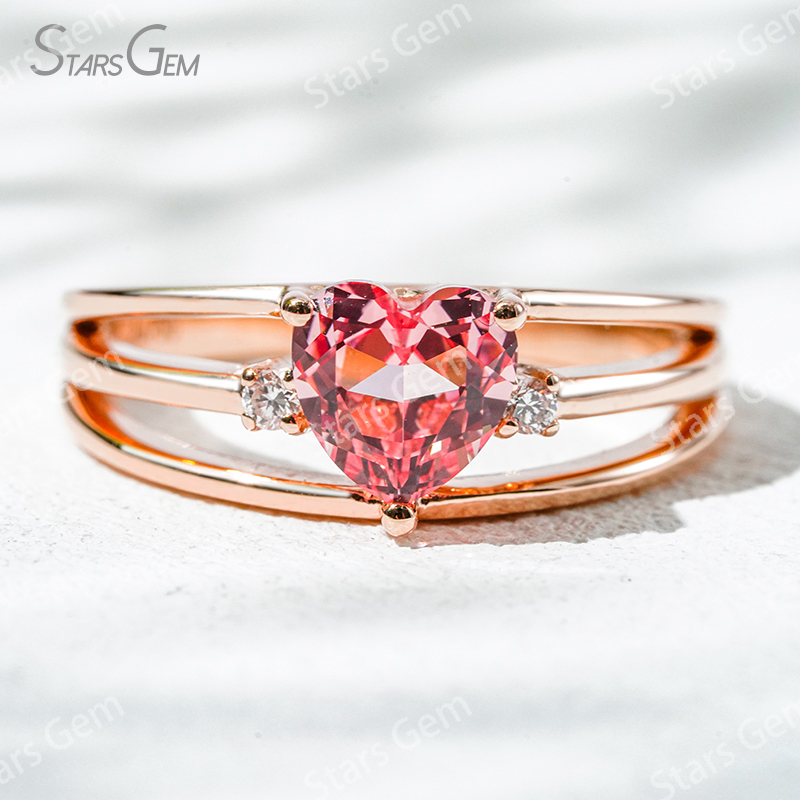 6.5×6.5mm Heart Cut Lab Grown Sukura Pink Sapphire With Side Diamond 18K Rose Gold Engagement Ring